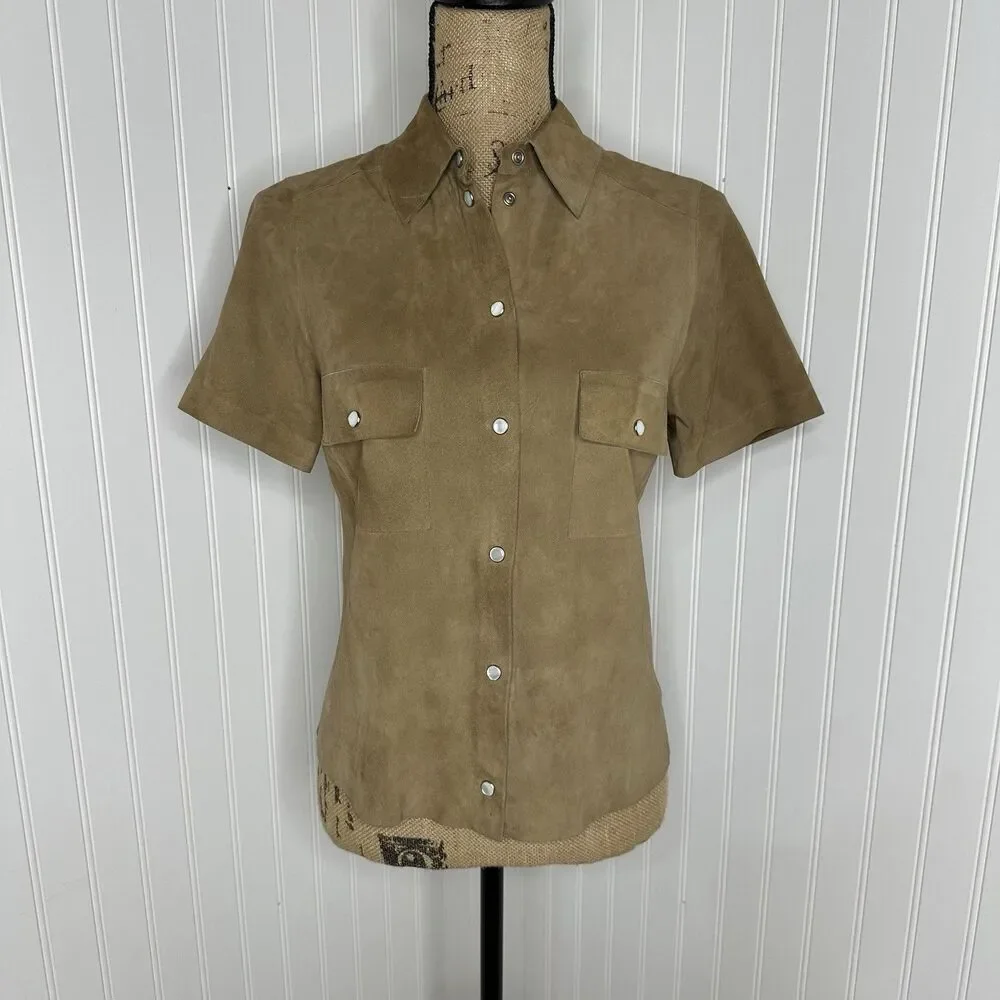 Michael Kors Brown Suede Top Sz S? Pearl‎ Snap Short Sleeve Italy Quiet Luxury